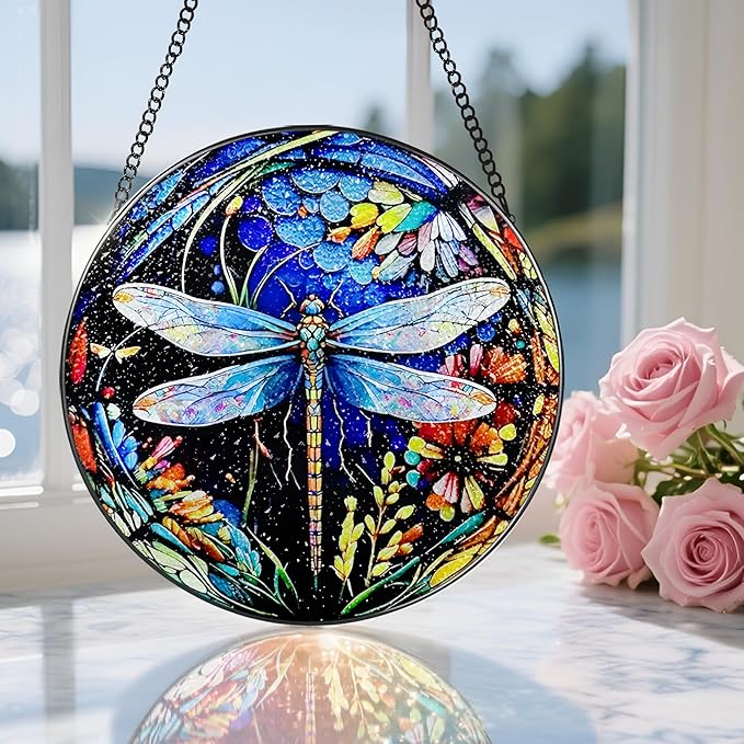 8 Inch Stained Glass Suncatcher Ornament, DOUHASU Dragonfly Sun Catchers Indoor Window, Stained Glass Window Hanging, Home Decor, Dragonfly Lovers Gifts for Women, Mom, Grandma, Friend