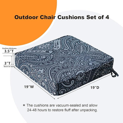 Square Corner Seat Cushions, 19" x 19" x 3", Set of 4, Indoor Outdoor Water Repellent Universal Chair Pads with Ties for Patio Furniture, Garden Deck Dining Chairs, Damask Blue Flower