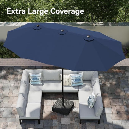 PHI VILLA 15ft Large Patio Umbrellas with Base Included, Outdoor Double-Sided Rectangle Market Umbrella with Crank Handle, for Pool Lawn Garden, Blue