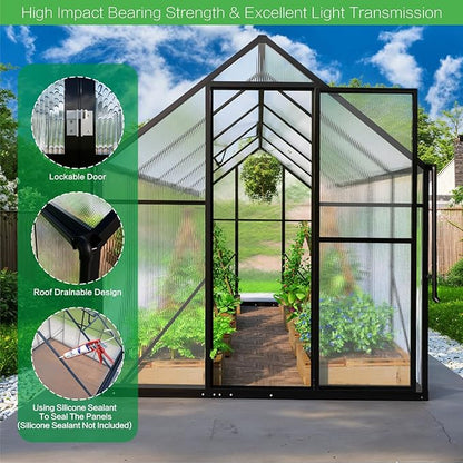 6x10 FT Greenhouse for Outdoors, Polycarbonate Green House with Adjustable Roof Vent and Rain Gutter, Aluminum Large Walk-in Greenhouse with Quick Setup Structure for Outside Garden Backyard Patio