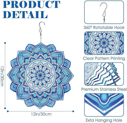 Wind Spinner Mandala Blue, 12-Inch 3D Kinetic Stainless Steel Metal Hanging Wind Spinners Outdoor, Flowers Yard Art Garden Porch Indoor Outdoor Decor