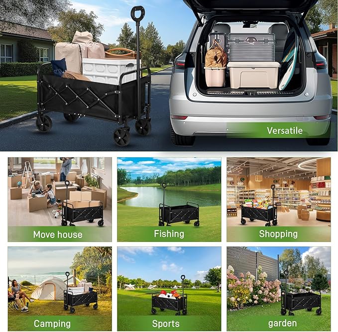 Catart Collapsible Folding Utility Wagon, 110L Large Capacity Portable Cart with Wheels, Lightweight Foldable Wagon for Camping, Gardening, Sports, Grocery Shopping, and Everyday Outdoor Use, Black