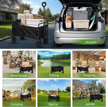 Catart Collapsible Folding Utility Wagon, 110L Large Capacity Portable Cart with Wheels, Lightweight Foldable Wagon for Camping, Gardening, Sports, Grocery Shopping, and Everyday Outdoor Use, Black
