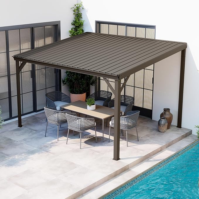8x10FT Lean to Gazebo, Outdoor Metal Hardtop Wall Mounted Gazebo with Gutter & Sloping Galvanized Steel Roof, Hard Top Awnings/Shelter for Deck, Porch, Backyard- Brown