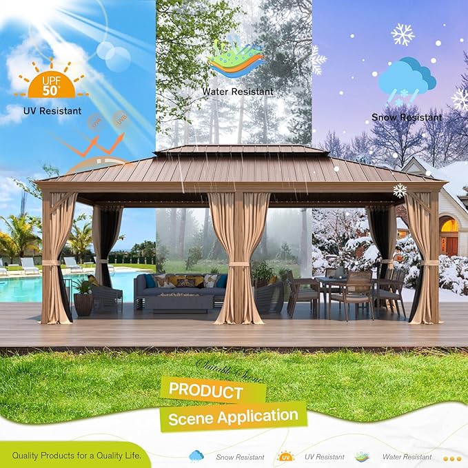 MELLCOM 14'x20' Hardtop Gazebo, Wood Grain Aluminum Frame Pergola with Galvanized Steel Roof, Outdoor Metal Gazebos with Curtains and Nettings for Patio, Backyard, Deck and Lawns