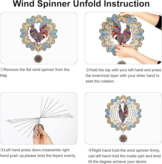 Wind Spinners Outdoor Hanging Rooster - Metal Chicken Gifts for Mom Women Grandma Men, 11.5 Inch 3D Stainless Steel Laser Cut Art Kinetic Wind Spinner for Indoor/Garden Porch Yard Decor