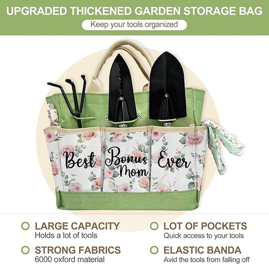 Bonus Mom Gifts, Garden Kit Bonus Mom Gifts from Bonus Daughter Floral Gardening Tools and Durable Garden Tools Organizer Tote, Gardening Set for Women on Birthday Plant Lover Present