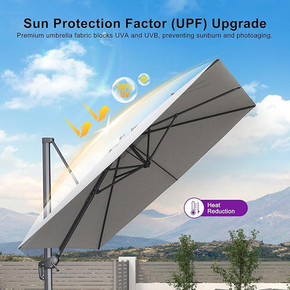 PURPLE LEAF 9 FT Outdoor Umbrella with Base Patio Cantilever Aluminum Umbrella with 3 Years Fade Resistance Recycled Fabric Offset Square with 360-degree Rotation for Deck Pool Garden, Pebble Grey