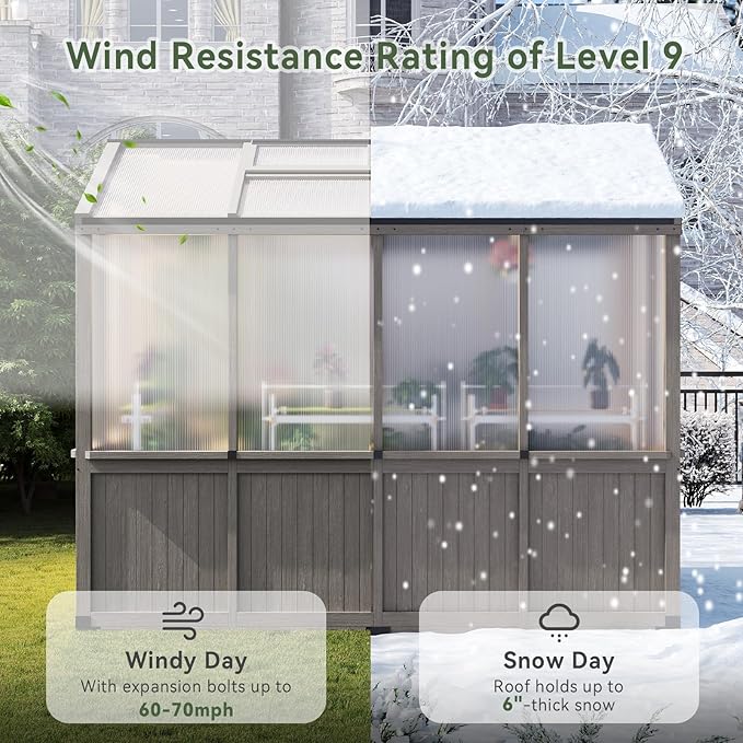 Aoxun 6x8 FT Walk-in Wooden Greenhouse,Solid Cedar Frame,Polycarbonate Panels, Automatically Temperature Control Roof Vent and Lockable Door,for Outdoor, Garden, Backyard,Patio, Lawn, Gray