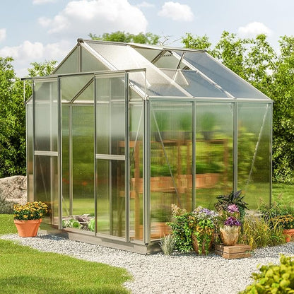 Greenhouse Saphir 3 Aluminum Frame 8.5 x 6.4 ft Approx. 6 mm Polycarbonate Panels - with Bonus Base Frame and Automatic Vent Opener