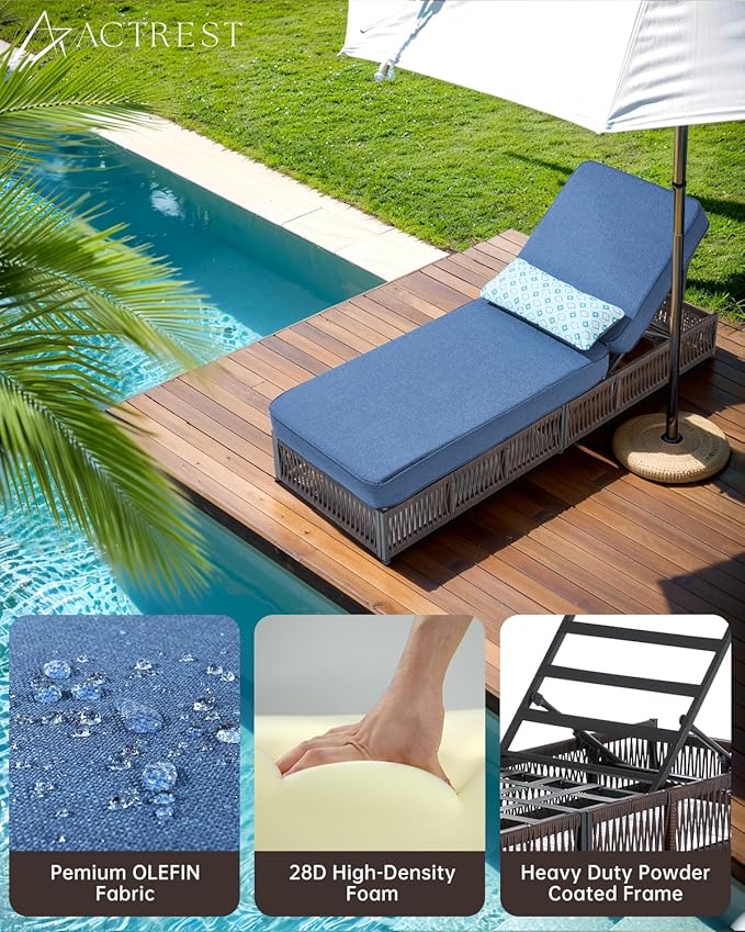 Luxury Outdoor Chaise Lounges with 5 Inch Thickened Cushions - Set of 4 High Back Brown Wicker Patio Recliners Rattan Reclining Chairs Porch Poolside Pool Sunbathing Lounger - Navy Blue