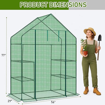Outvita Walk-in Greenhouse, Outdoor Durable PE Plant Green House for Frost Protection with 3 Tiers 4 Shelves, Shelf Clips, Roll-up Zipper Door, 56"x29"x77" Green