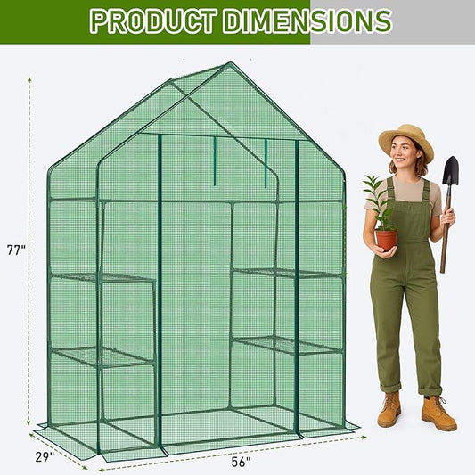 Outvita Walk-in Greenhouse, Outdoor Durable PE Plant Green House for Frost Protection with 3 Tiers 4 Shelves, Shelf Clips, Roll-up Zipper Door, 56"x29"x77" Green