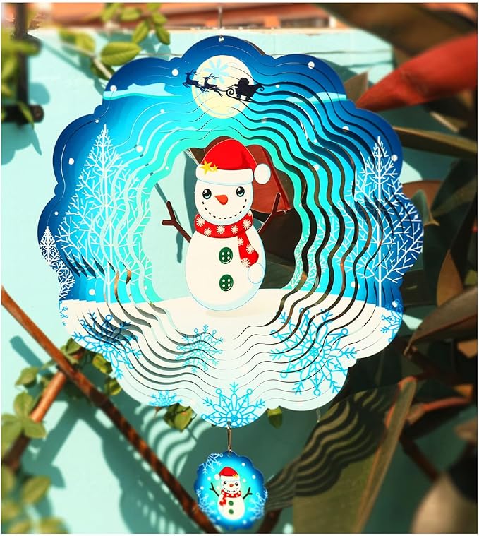 Christmas 3D Wind Spinners Hanging, 12in Large Stainless Steel Yard Sculpture for Winter Outdoor Indoor Garden Yard Crafts Ornaments Decoration(Christmas Snowmen)