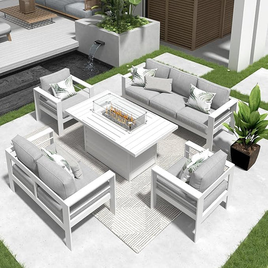 Solaste Aluminum Patio Furniture Set with Fire Pit Table, 5 Piece Metal Outdoor Furniture with Water-Resistant Cushions, Modern Patio Conversation Set for Balcony, Front Porch, and Backyard
