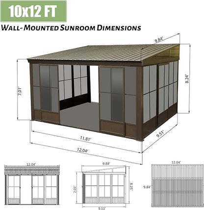 10'x12' Sunroom Wall Mounted, All Season Lean to Solarium with Metal Roof (Galvanized Steel), Aluminum Frame Outdoor Enclosed Gazebo with 2 Sliding Doors and PVC Windows for Patio, Deck, Garden