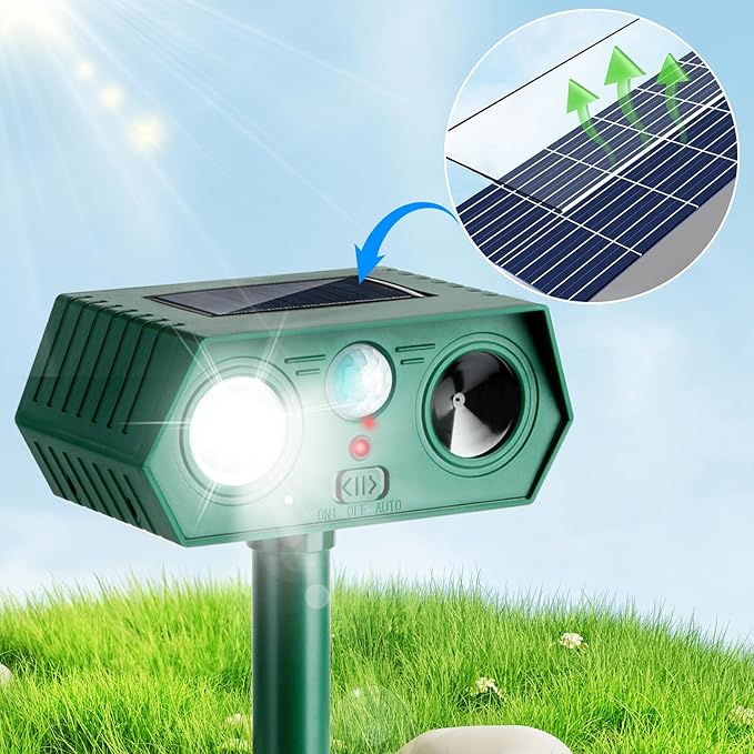 4Pack 2025 Ultrasonic Animal Repellent Outdoor Deer Repellent Devices Solar Animal Repeller Motion Activated Deterrent to Scare Cat Squirrel Rabbit Raccoon Skunk with LED Flash Lights for Yard Lawn