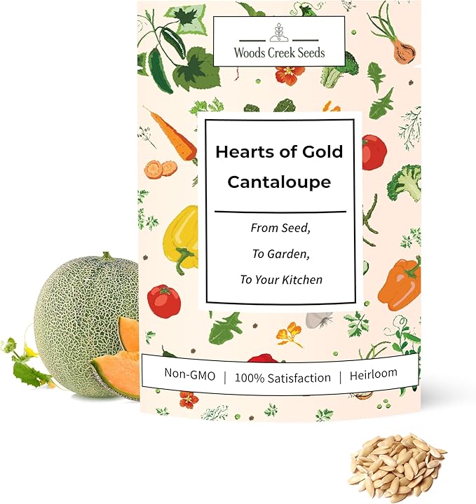 Woods Creek Seeds: Hearts of Gold Cantaloupe Melon Seeds for Planting - Over 90 Heirloom Non-GMO Cantaloupe Seeds for Planting - Beginner Friendly Fruit Seeds for Home Gardening