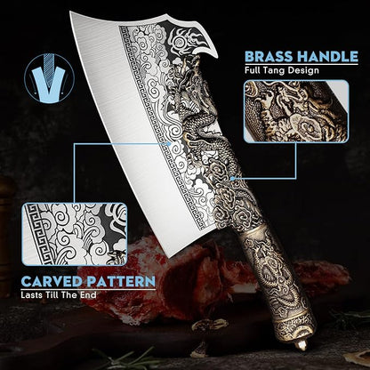 ROCOCO 2lb Dragon Butcher Knife Heavey Duty Cleaver Knife for Meat Bone Cutting 9.5" Cool Big Viking Camping Chopper Cutter with Sheath Birthday Father Mother Christmas Gift Idea Men