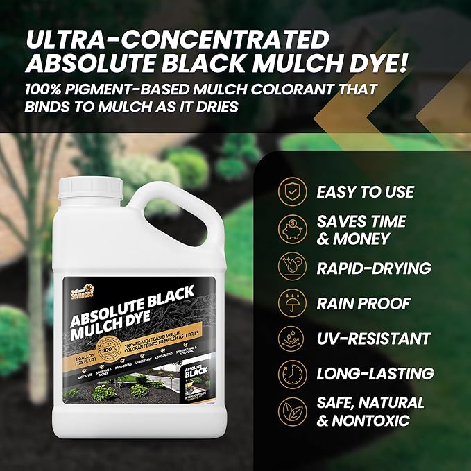 1 Gallon Absolute Black Mulch Dye - Covers up to 10,000 sq. ft., Liquid Mulch Dye Black, Premium Color, Ideal for Landscaping, Renews Faded Rubber or Wood Chips, Binds as it Dries