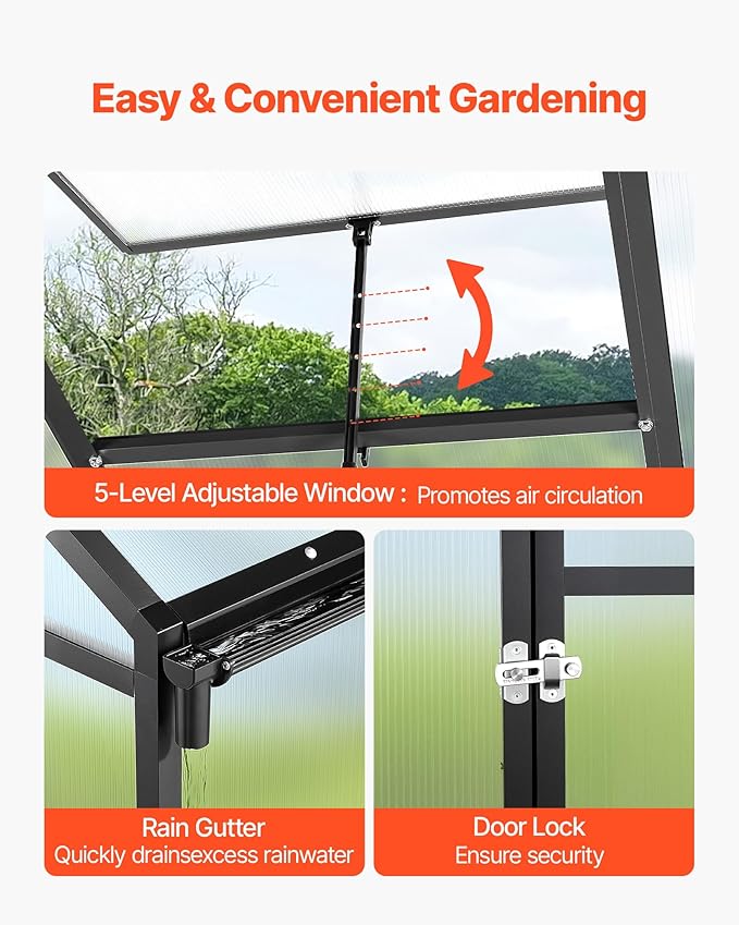 VEVOR 8 x 10 FT Polycarbonate Greenhouse, Heavy Duty Outdoor Green House with Adjustable Vents & Push-Pull Lockable Door, Quick Setup, Aluminum Frame Walk-in Greenhouse Sunroom for Outside Garden Lawn