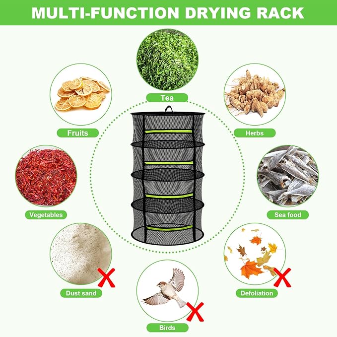 8 Layer Large Capacity Herb Drying Rack, Collapsible Hanging Mesh Net with Green Zipper, Hooks & Bonus Garden Scissors, Bulk Drying for Fresh Herbs, Flowers & Plants – Indoor Outdoor (23.62")