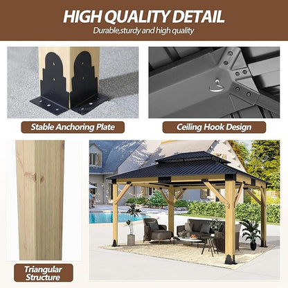 13'x15' Wood Gazebo,Outdoor Hardtop Gazebo with Galvanized Steel Doule Roof, Wooden Frame Gazebos for Patio Backyard Deck