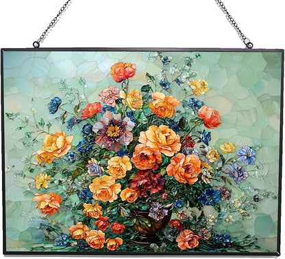 Customized Rectangle Flower Vase Stained Glass Window Hanging Sun Catcher Halloween Haning Ornament Decoration Christmas Birthday Gifts for Lover, Friends