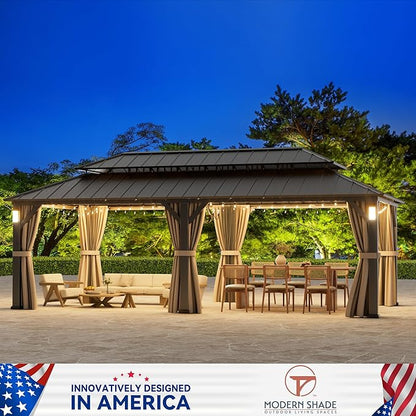 Modern Shade The Horizon Permanent Hardtop Gazebo 12' x 24' with 4 LED Lights, Outdoor Gazebo with Galvanized Steel Double Roof, Patio Pavilion w/Decor Hooks, Mosquito Netting and Curtains, Black
