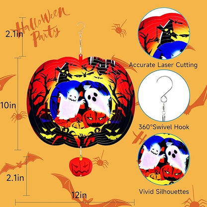 Halloween Pumpkin Wind Spinner - Outdoor Metal Decor with Spinning Ghosts & Bats, 3D Spooky Garden Art Ornaments Decorations for Halloween Party, Patio and Porch Gift 12 Inch