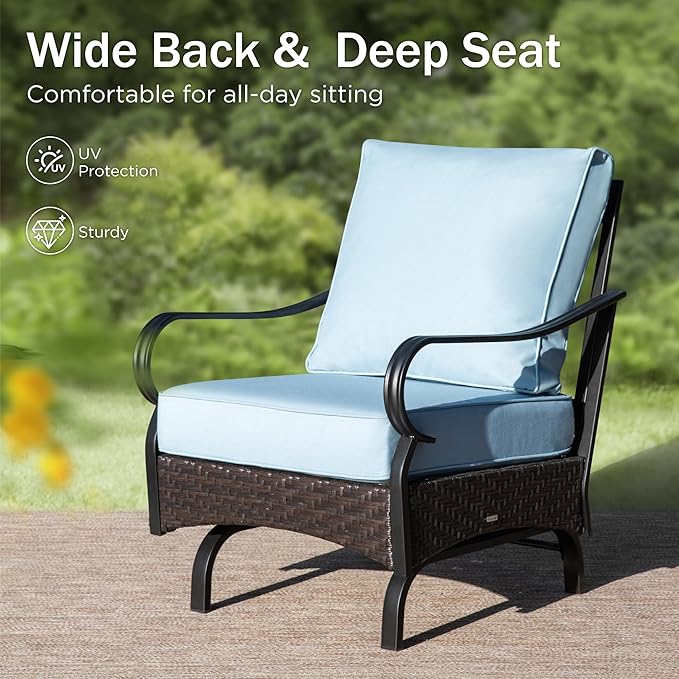 PHI VILLA Outdoor Modern Patio Furniture Set, Upgraded Wicker&Metal Patio Furniture Conversation Set with Waterproof Thick Cushions for Porch, Poolside, Deck, and Yard (5 Pieces,Blue)