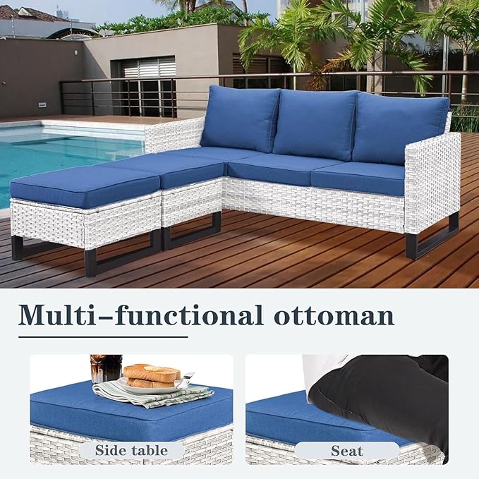 Wicker Patio Furniture Set, 6 PCS Outdoor Patio Furniture Set with Swivel Chairs, Includes 2 Swivel Patio Chairs, 1 Outdoor Couch, 1Side Table and 2 Ottoman, Light Beige/Blue