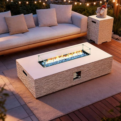 UPHA 56-inch Outdoor Propane Gas Fire Pit Table 50000 BTU Concrete Rectangle FirePit for Outside Patio with Propane Tank Cover, Wind Guad, Blue Glass Rocks, Rain Cover, Beige Texture