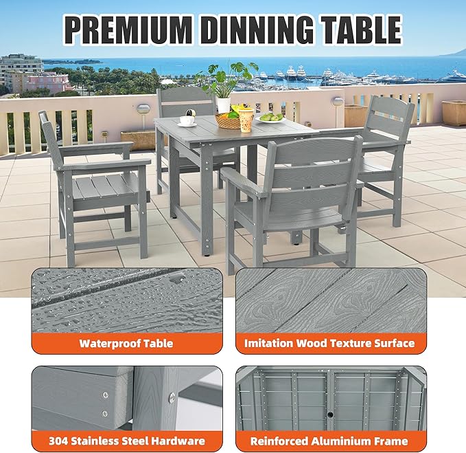 5-Piece HIPS Patio Dining Set, Outdoor Dining Table and Chairs Set with Umbrella Hole, Weatherproof Dining Table Set for 6 Person, Patio Furniture Set for Outside Deck, Grey