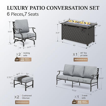 HERA'S HOUSE 6 Pieces Patio Furniture Set with Fire Pit Table, 2 x Rocking Chair, 2 x Ottoman, 3-Seat Sofa with 45" Fire Pit Table, Outdoor Conversation Set for Garden Poolside Backyard, Grey