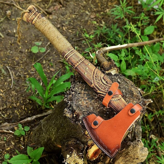 Hand Forged Viking Axe – Carbon Steel Blade with Ash Wood Handle and Leather Sheath, Camping, Hunting, Outdoor Hatchet Valhalla Ax, Medieval Axe, Authentic Norse Axe, Historical Gift for Men