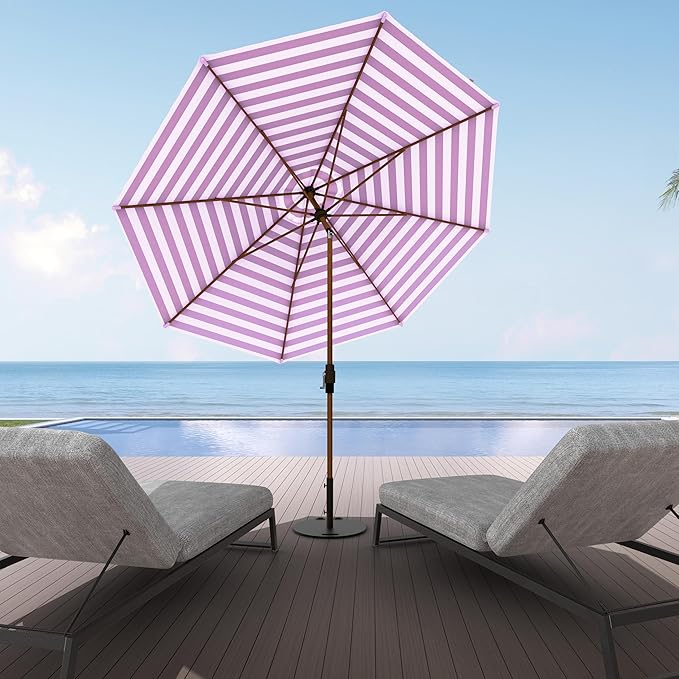Midtown Umbrellas Wooden 2-8 Feet Outdoor Patio Umbrella, Terylast Purple & White Stripes Fabric, Aluminum Frame For Backyard Umbrella, Deck Umbrella, Garden Umbrella & Pool Umbrella - Wooden Pole
