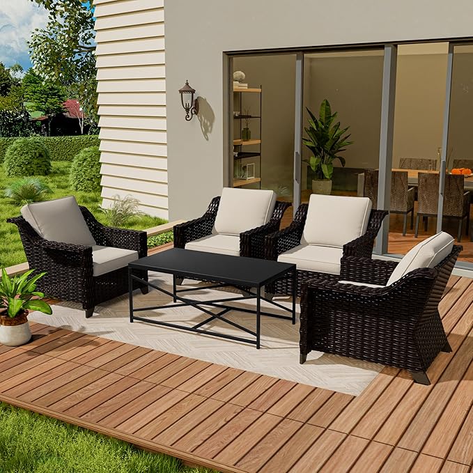 Vista Vibe 5 Pieces Outdoor Rattan Patio Conversation Furniture Set - 4 Wicker Chairs | Steel Coffee Table, Premium & Washable Cushions, Living Room, Poolside (Brown/Beige)