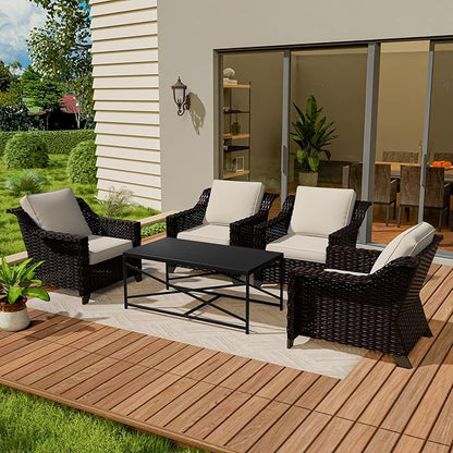 Vista Vibe 5 Pieces Outdoor Rattan Patio Conversation Furniture Set - 4 Wicker Chairs | Steel Coffee Table, Premium & Washable Cushions, Living Room, Poolside (Brown/Beige)