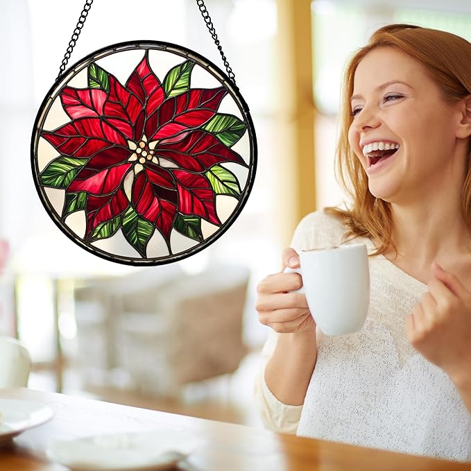 Stained Glass Window Hanging - Red Poinsettia Birth Flower Suncatcher for Door Garden Yard Sun Catchers Decor Christmas Mother's Day Birthday Gifts for Women Mom Nana Friend Men 7.8 in