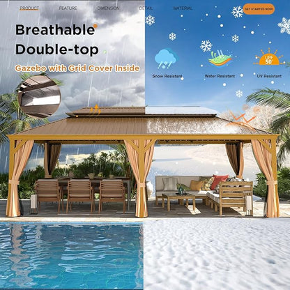 YOLENY 14'x24' Gazebo, Wooden Finish Coated Aluminum Frame Pergola with Double Galvanized Steel Hardtop Roof, Outdoor Permanent Metal Pavilion with Curtains and Nettings for Patio, Backyard and Deck