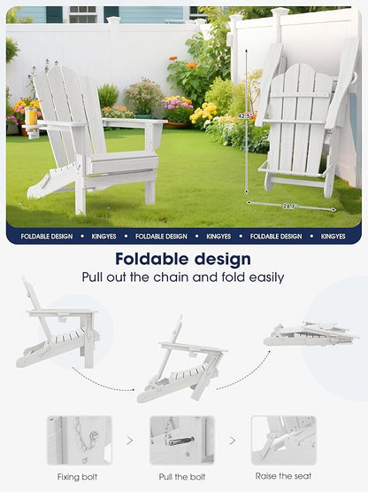 KINGYES Folding Adirondack Chair Set of 8, HDPE All-Weather Patio Chairs with Cup Holder, Wooden Textured Fire Pit Chairs for Poolside, Backyard, Deck, White