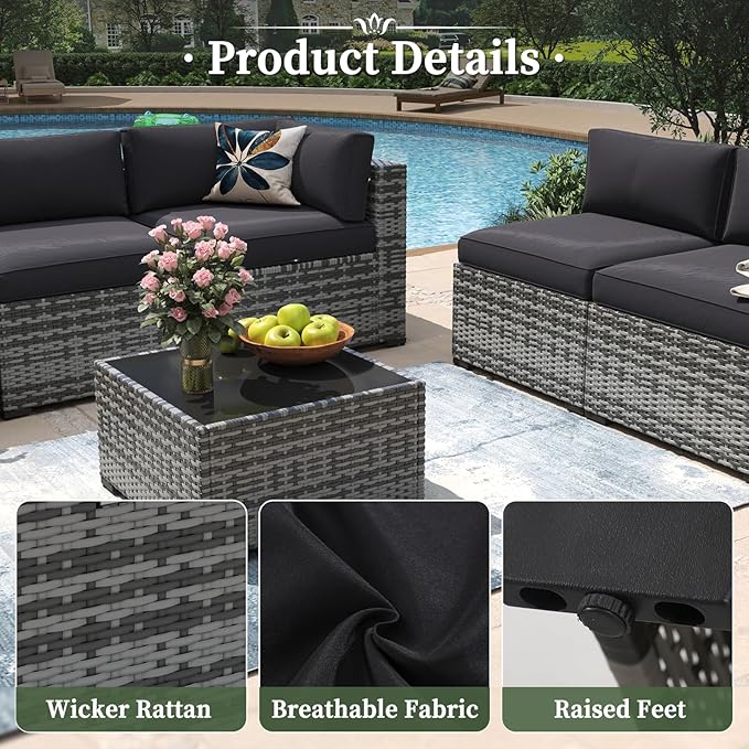 Aoxun 7 Piece Patio Furniture Set Wicker Rattan Patio Conversation Set Outdoor Sectional Sofa Set with Coffee Table and Thickened Cushions, Grey/Black(Waterproof Cover Included)