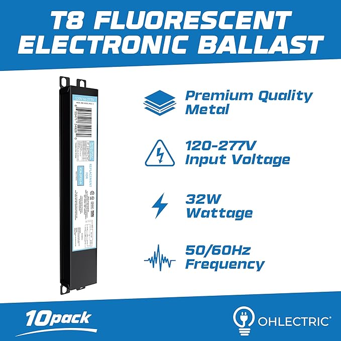 OHLECTRIC 10 Pack - Replacement for ICN2P32-SC 1&2 Lamp - T8 Fluorescent Ballast, Electronic Ballast Replacement 120-277 Volt, Instant Start - Standard and Energy Efficient Ballasts - UL Approved
