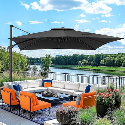 Hotime 10ft Cantilever Patio Umbrella Outdoor Heavy Duty Double Top Windproof Aluminum Offset Umbrella with 360°Rotation for Pool Garden Deck, Gray