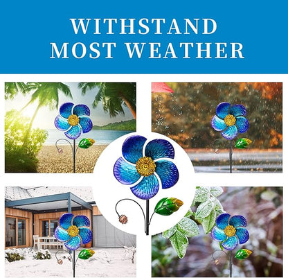 Viveta 2 Pack Wind Spinners with Metal Stake, 28.7 inches Outdoor Garden Pinwheels Spinners Blue Flower Shape Design for Yard Lawn Patio Decor