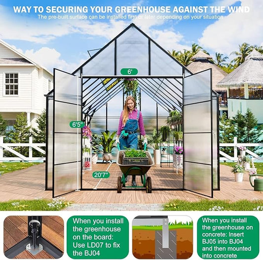 CDCASA 10x20 FT Greenhouse for Outdoors,Large Easy Assembly Large Polycarbonate Greenhouse Aluminum Greenhouses w/4 Vents Window, Swing Door Walk-in Green House for Ouside,Backyard,Garden, Black