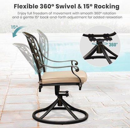 Set of 4 Cast Aluminum Patio Chairs with Cushions, All-Weather Aluminum Outdoor Swivel Chairs, Metal Outdoor Rocking Chairs for Backyard, Poolside and Bistro (Khaki, 4 Pieces)