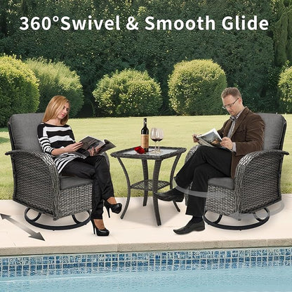 3 Pieces Patio Furniture Set, Outdoor Swivel Rocking Chair Set of 2 with Side Table - 360° Swivel, Thick Cushions, All-Weather Bistro Set for Deck, Porch, Pool(Grey, Grey Full-Weave Rattan)