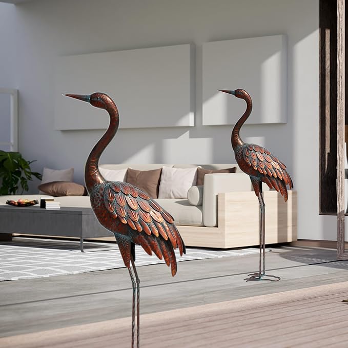 chisheen 2PCS Garden Crane Statues Outdoor Sculptures Metal Yard Art Statue for Garden Decoration Large Size Set of 2